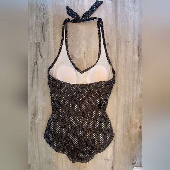 Speedo Halter Black with White Polka Dots One Piece Swimsuit Size Medium - Picture 3 of 6